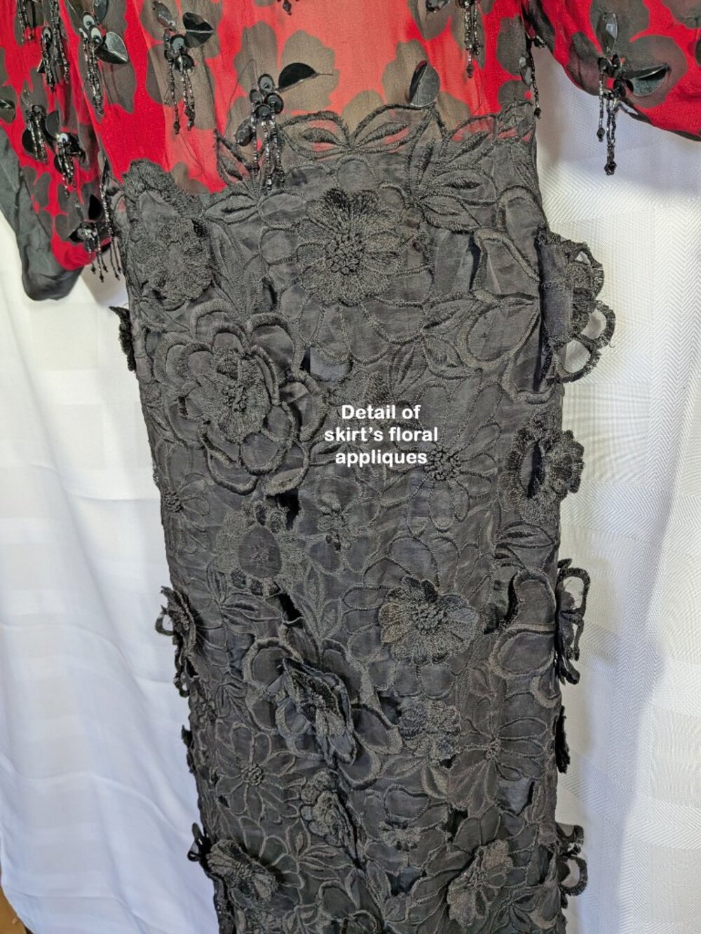 Dries Van Noten Silk Black & Red Floral Applique Dress, 38" bust, Made in India - Picture 9 of 17